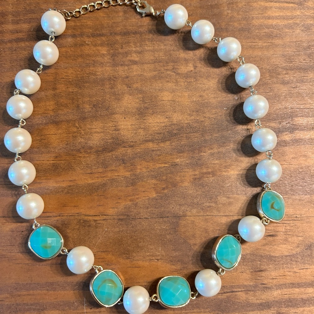 Faux Pearl and Blue Stone Necklace
